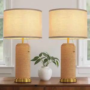 Modern Rattan Table Lamps Set of 2-22.4" Boho Nightstand Bedside Lamp for Bedroom Living Room Vintage End Table Lamps