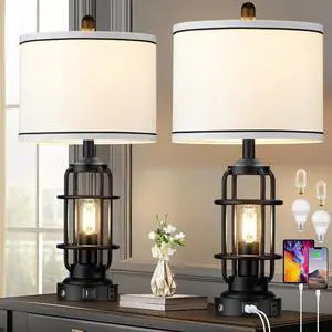 Modern Table Lamps Set of 2, Industrial 3-Way Dimmable Bedside Lamp with USB A+C Ports & AC Outlet, 25" Touch Control Nightstand Lamp LED Night Light for Living Room Bedroom Home(4 Bulbs Included)