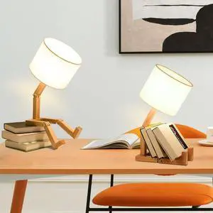 Cute Robot Table Lamp Set of 2, Adjustable Wood Desk Lamp for Bedroom Nightstand,Home Office Decor, Kids Room, Dormitory, Bookshelf,Study & Living Room Lighting