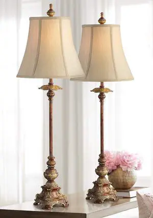 Regency Hill Juliette 36 1/2" Tall Skinny Large Buffet Traditional End Table Lamps Set of 2 Brown Light Bronze Finish Fabric Shade Living Room Bedroom Bedside Nightstand House Office Home Reading