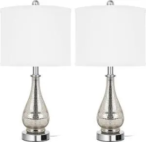 Glass Table Lamps Set of 2, Modern 23.5 High Hand-Applied Silver Mercury Glass Bedside Lamps, for Bedroom Living Room Home Nightstand Table Lamp(with USB C+A 5V 2.1A Charging Ports)