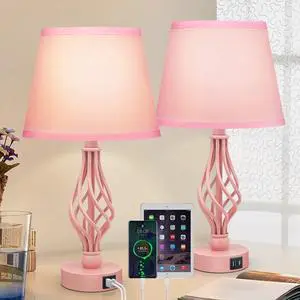 Touch Table Bedside Lamps Set of 2, Nightstand Bedside Nightstand Lamps with USB Type-C Ports, Girls Desk Lamp for Living Room Bedroom Side Table (Pink)