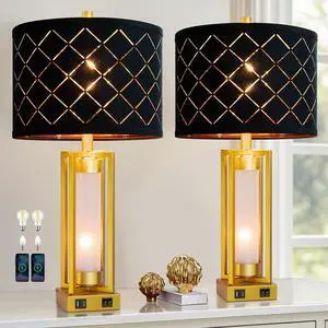 RORIANO Set of 2 Modern Table Lamps for Living Room Bedroom with USB C+A, Rustic Nightstand Lamps with White Night Light, Black Grid Shade, Desk Lamps for Bedside End Tables, 4 Bulbs Included (Gold)
