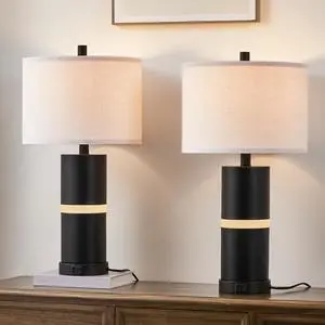 Kyrid 23.25'' Black USB Table Lamp Set with Built-in Acrylic Night Light, Modern Black Beside Set of 2 Lamps for Nightstand with USB Ports (Bulbs Included)