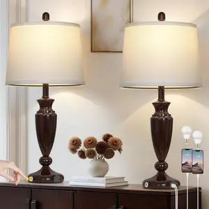 27'' Brown Living Room Lamps Set of 2, 3 Way Touch Control Table Lamps with USB A+C Ports, Modern Bedside Lamps, Elegant Metal Nightstand Lamps for Bedroom Office End Table Decoration