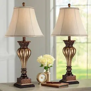 Regency Hill Senardo 30" Tall Floral Vase Large Traditional End Table Lamps Set of 2 Gold Finish Fabric Tan Shade Living Room Bedroom Bedside Nightstand House Office Home Reading Kitchen Entryway