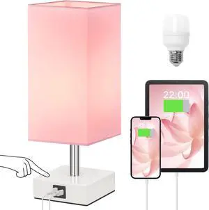 Ambimall Touch Control Table Lamp with 2 USB Charging Ports, 3 Way Touch Lamps Beside Desk, Nightstand Lamp for Bedrooms Living Room, Pink Shade with White Base, LED Bulb Included(Pink)