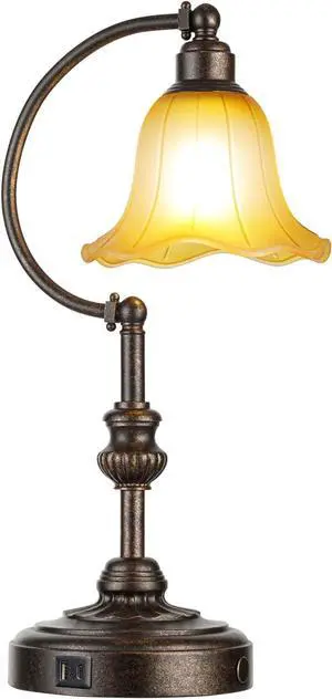 RORIA Touch Farmhouse Table Lamp for Living Room, 3-Way Dimmable Rustic Nightstand Lamp with USB A+C Ports, Vintage Retro Lamp for Bedroom End Table with Amber Glass Shade, LED Bulb Included (Bronze)