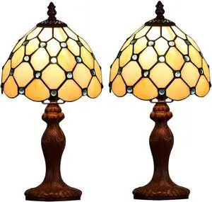 Tiffany Small Table Lamp for Living Room Blue Beads Stained Glass Bedside Nightstand Table Lamps for Bedroom Set of 2,3-Color Temperatures 8X8X15 Inch Hotel Home Office Desk Lamps