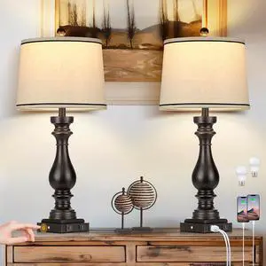 27.5" Farmhouse Table Lamp for Living Room Set of 2,Vintage Bedside Nightstand Lamps with USB C+A Ports & AC Outlet,3-Way Dimmable Touch Control Retro Black Desk Lamp for Bedroom,Black