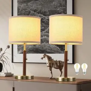 Mid Century Table Lamps Set of 2, 19.5" Modern Bedside Buffet Table Lamps with Pull Chain Switch, Antique Brass & Wood Small Nightstand Lamps for Living Room Bedroom End Table