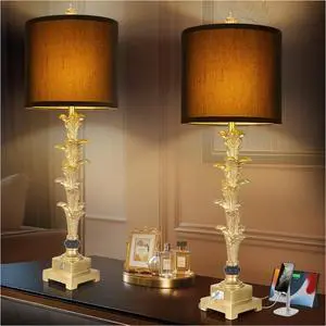 Table Lamps Set of 2 for Living Room, 3-Way Dimmable Touch Buffet Lamps with USB A+C Ports, Gold Leaf Finish Bedside Lamps with Black Linen Shades, Modern Nightstand Lamp for Bedroom Office Entryway