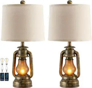 RORIANO Set of 2 Farmhouse Lantern Table Lamps for Living Room with 2 USB Charging Ports, Rustic Vintage Nightstand Lamps with Nightlight for Bedroom End Table Entryway, 4 Bulb Included