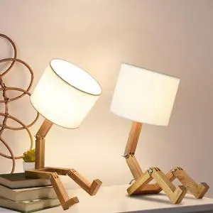 Robot Cute Desk Lamp Set of 2, Wooden Bedside Table Lamp Unique Fun Robot Lamp Quirky Cool Lamp for Home, Kids Room, Living Room, Coffee Shop, Adjustable Lamp Body