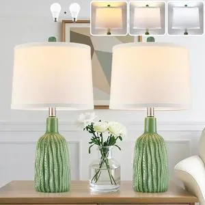 GRUENLICH Ceramic Table Lamp Set of 2 for Nightstand, 22.5" Modern Green Bedside Lamp with 3 Adjustable Color Temperature, Bedroom Lamp for Living Room Desk End Table Office (2 LED Bulbs Included)