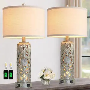 25'' Set of 2 Industrial Table Lamps for Living Room with Dual USB Ports, Vintage Resin Nightstand Lamp for Bedroom with Nightlight, Antique Rustic Desk Lamp for Entryway, 2 Bulbs Included