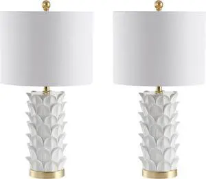 SAFAVIEH Lighting Collection Nico White/ Gold Leaf 25-inch Bedroom Living Room Home Office Desk Nightstand Table Lamp Set of 2 (LED Bulbs Included)