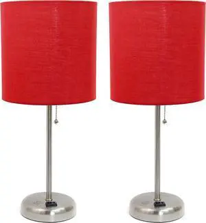 Simple Designs LC2001-RED-2PK Brushed Steel Stick Table Lamp Set with Charging Outlet and Red Fabric Shades, 2 Pack Set