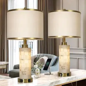 27" Natural Alabaster Table Lamps Set of 2, Lamps for Living Room Bedroom,Bedside Lamps with Night Light,Nightstand Lamp with USB A+C Ports,Modern Table Lamp with Linen Shade (Bulbs Included)