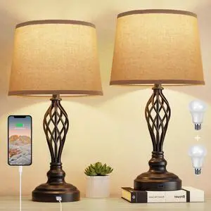 PARTPHONER Set of 2 Table Lamps with USB Port, Farmhouse Bedside Lamps with 3-Color Temperature, Nightstand Lamp Large Cream Drum Shade Spiral Cage Base Desk Lamps for Living Room, Home Bedroom