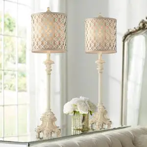 Regency Hill French Candlestick 34" Tall Scroll Skinny Buffet Traditional End Table Lamps Set of 2 Ivory White Living Room Bedroom Bedside Nightstand House Office Home Off-White Shade Regency Hill French Candlestick 34" Tall Scroll Skinny Buffet Traditional End Table Lamps Set of 2 Ivory White Living Room Bedroom Bedside Nightstand House Office Home Off-White Shade