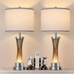 3-Way Dimmable Table Lamp Set of 2,Touch Control Lamp with Night Light,Modern Crystal Table Lamps for Bedroom,Living RoomBedside Lamps with USB A+C PortsFabric Lampshade(Blubs Included)