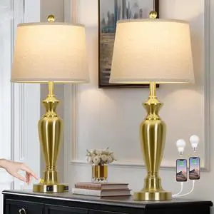 30" Tall Gold Table Lamps Set of 2, Touch Control Bedside Lamp with USB A+C Ports and AC Outlet, 3-Way Dimmable Modern Metal Nightstand Lamp for Bedroom Living Room, 2 LED Bulbs Included