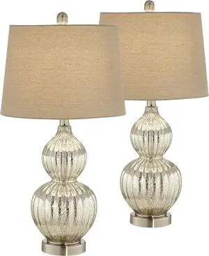 Regency Hill Lili Table Lamps 25" High Set of 2 Fluted Mercury Glass Brushed Silver Metal Double Gourd Drum Shade Decor for Living Room Bedroom House Bedside Nightstand Home Office