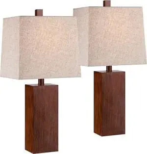 360 Lighting Darryl Modern Accent Table Lamps 23" Tall Set of 2 Faux Wood Rectangular Block Brown Tan Fabric Shade for Bedroom Living Room House Home Bedside Nightstand Office Entryway Kids