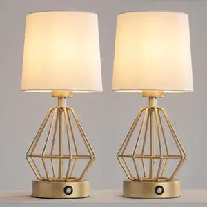 Gold Cordless Lamp Set of 2,Touch Stepless Dimming,8000mAh Rechargeable Battery Table Lamp,Gold Cage Frame Wireless Lamp,White Lampshade,14.7inches Tall