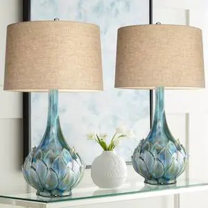 Possini Euro Design Kenya 29 1/2" Tall Modern Coastal Tropical End Table Lamps Set of 2 Blue Green Ceramic Beige Shade Living Room Bedroom Bedside Nightstand House Office Home (Colors May Vary)