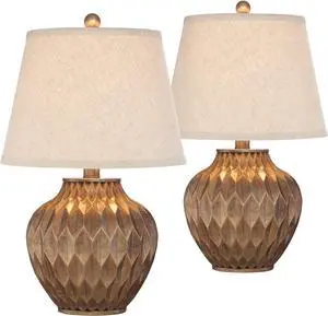 360 Lighting Buckhead Traditional Style Small Accent Table Lamps 22" High Set of 2 Warm Bronze Geometric Urn Tapered Drum Shade for Living Room Bedroom House Bedside Nightstand Home Office