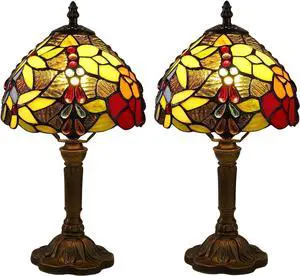 Tiffany Small Table Lamp for Bedroom Set of 2,Bedside Nightstand Lamp Rose Flower Grape Stained Glass Table Lamps for Living Room,3 Color Temperature Home Office Desk Lamp+LED Bulb