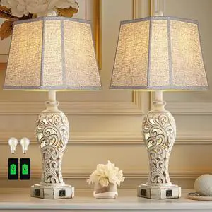 Set of 2 Rustic Table Lamps for Living Room Bedroom, Farmhouse Vintage Nightstand Lamp with 2 USB Ports, Hollow Out Resin Lamp for End Table with Nightlight, Bulbs Included (Wash White)