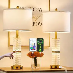 Crystal Table Lamp Set of 2, Modern Touch Lamp with Nightlight, 3-Way Dimmable Bedroom Lamp with 2 USB Ports & AC Outlets for Living Room Bedside Nightstand Lamp
