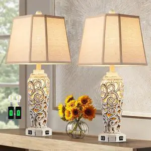 27" Rustic Table Lamps Set of 2 for Living Room with USB A+C Ports, Vintage Nightstand Bedroom Lamp with Hollow Nightlight