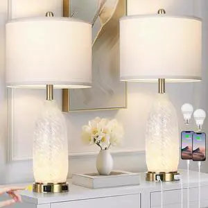 26" Modern Clear Glass Table Lamps Set of 2,Nightstand Lamp with USB A+C Ports & AC Outlet,Bedside Lamps with 3-Way Dimmable Touch Control Night Light for Bedroom Living Room(Bulbs Included)