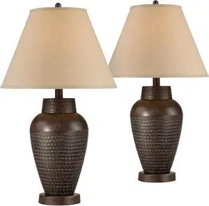 Regency Hill Auburn Rustic Farmhouse Vase-Shaped Table Lamps 25" High Set of 2 Hammered Bronze Metal Natural Linen Drum Shade for Living Room Bedroom House Bedside Nightstand Home Office