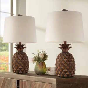 Regency Hill Paget 23 3/4" High Pineapple Small Coastal Tropical Accent Table Lamps Set of 2 Brown Living Room Bedroom Bedside Nightstand House Office Home Reading Fabric Oatmeal Shade