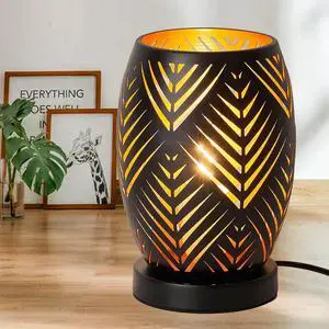 Industrial Table Lamp, Bedside Table Lamp with Hollow Metal Lampshade, Modern End Table Side Nightstand Desk Lamp with Wood Base for Bedroom, Study, Reading Room, Black(Included Bulb)