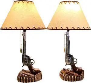 BestGiftEver Set of 2 Old Western Style Six Shooter Revolver Lamps - Rustic Table Lamps for Living Room, Bedroom - Perfect for Man Cave Decor, Lodge, and Western Cowboy Enthusiasts