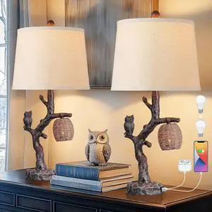 27" Rustic Farmhouse Table Lamps Set of 2, 3-Way Lighting Modes Bedside Table Lamps for Bedroom with Nightlight, Owl Lamp for Living Room with USB C+A, Night Stand Lamps for Western Cottage Decor