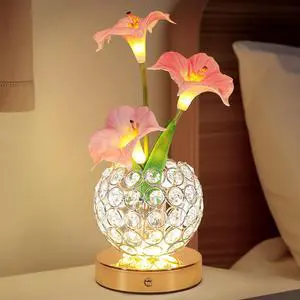 Pink Morning Glory Flowers Table Lamp, Rechargeable Cordless Touch Artificial Flower Crystal Lamp, Kitchen Bedroom Office Decor House Night Light, Birthday Gifts for Women Mom