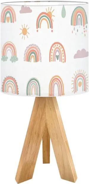 Tripod Bedside Desk Table Lamp Hand Drawn Boho Rainbows Cute Set Pastel Earthy Colors Isolated Wood Nightstand Lamp with Linen Fabric Shade for Nursery Bedroom Living Room Kids Room