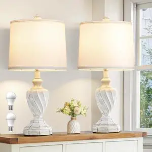 22.4" Farmhouse Table Lamps for Bedrooms Set of 2, Rustic Resin End Table Lamps for Living Room Gold Trim Base, Bedside Nightstand Lamps, Bulbs Included