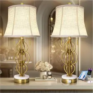 Scenekoy Table Lamp Set of 2 with USB Ports, Pull Chains Switch, 28 Gold Leaf Curved Iron Art Bedside Lamps with Linen Shade for Living Room Bedroom, Nightstand Lamps for Home Room Decor Scenekoy Table Lamp Set of 2 with USB Ports, Pull Chains Switch, 28 Gold Leaf Curved Iron Art Bedside Lamps with Linen Shade for Living Room Bedroom, Nightstand Lamps for Home Room Decor