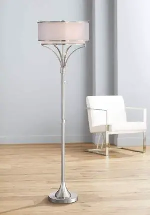 Possini Euro Design Candice Modern Standing Floor Lamp 64" Tall Brushed Nickel Dual Silver Organza White Linen Fabric Drum Shade Decor for Living Room Reading House Bedroom Home