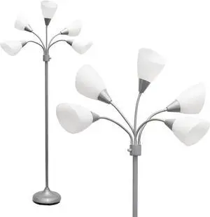 Simple Designs LF2006-SVW 67" Contemporary Multi Head Medusa 5 Light Adjustable Gooseneck Silver Floor Lamp with White Shades for Kids Bedroom Playroom Living Room Office