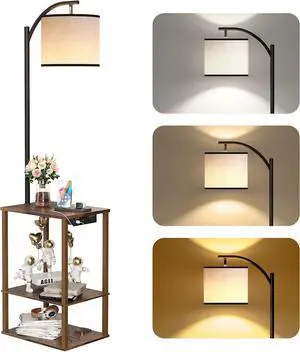 SUNMORY Floor Lamp with Table, End Table for Living Room with Lamp, Shelves Side Table with Charging Station(USB & AC Port), 3 Color Temperature LED Bulb, Modern Nightstand Lamp for Bedroom, Office