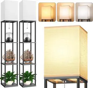 Floor Lamp with Shelves for Living Room 2 Pack, Shelf Floor Lamp with 3 CCT LED Bulb, Corner Display Standing Column Lamp Etagere Organizer Tower Nightstand with White Linen Shade for Bedroom, Office